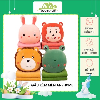 Bộ chăn gối văn phòng gấu bông có mền hình Sư Tử, Thỏ, Khỉ, Ếch tiện ích 3in1 (#Gối_Chăn_Ủ tay)