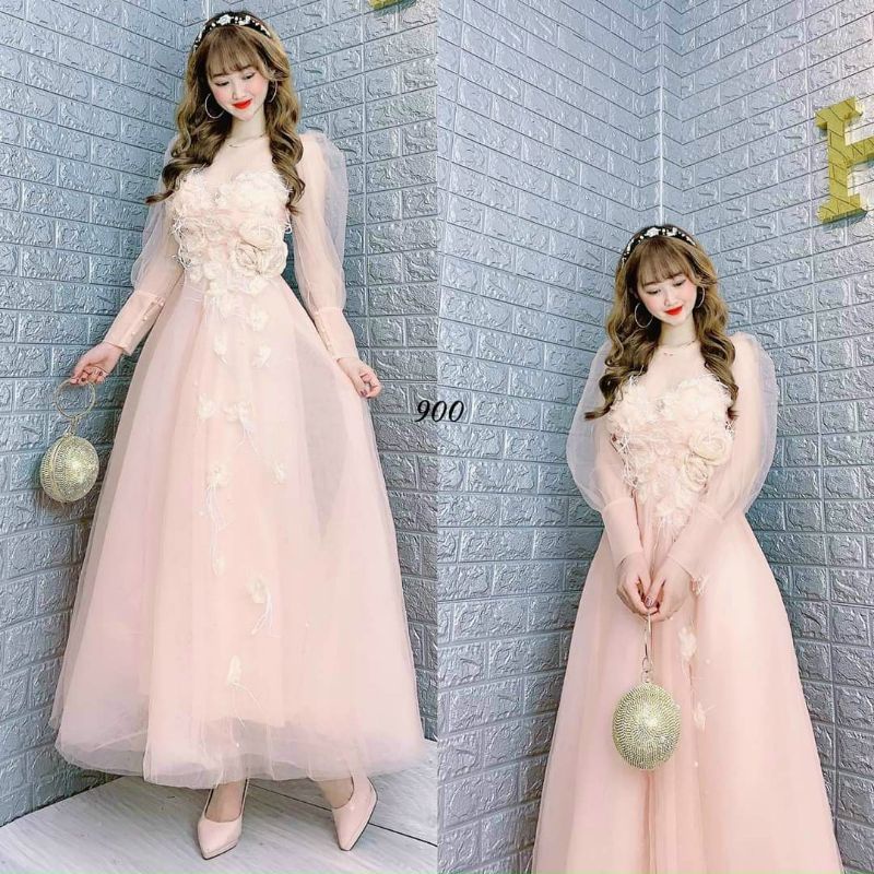 Đầm váy dạ hội maxi cô dâu đi bàn đính hoa tay phồng form xòe