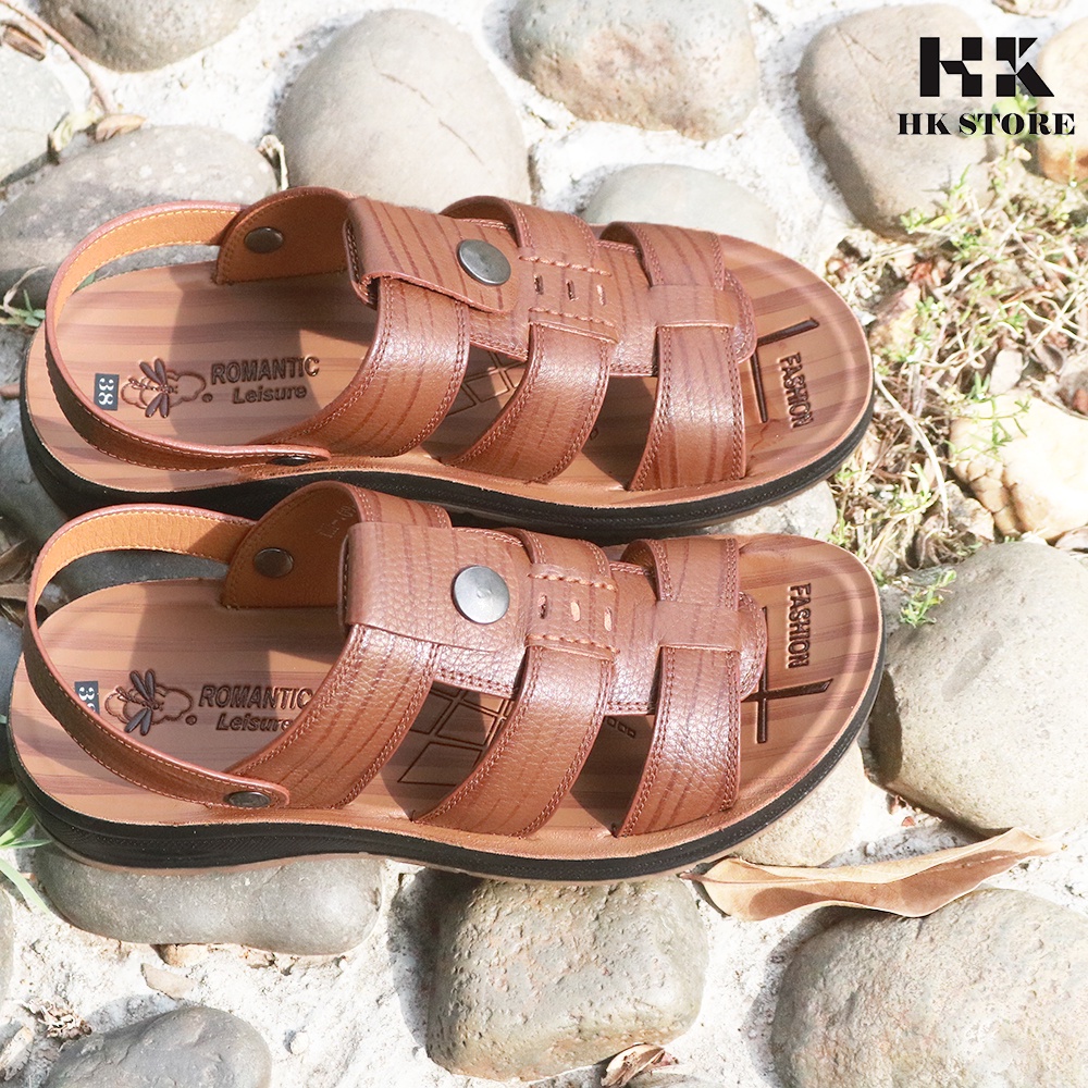 Dép sandal nam trung niên 💝 HK.STORE 💝 da bò xịn kết hợp đế kếp cao 3,5cm cực đẹp khâu may chân quai công nghệ 2021.