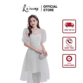 Váy Trắng Tay Bồng LECOONG V95 Chất Liệu Tơ Oganza Sang Trọng