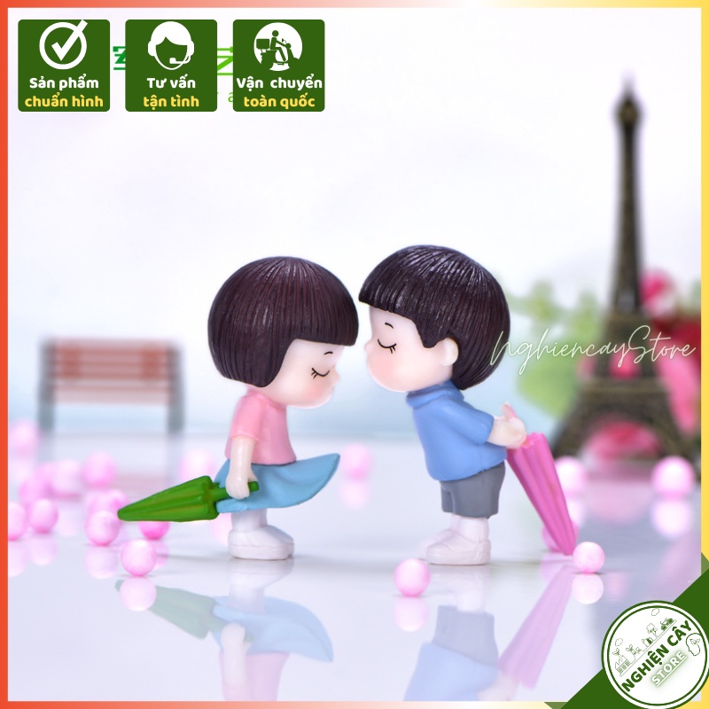 Phụ kiện Cặp đôi cầm ô trang trí tiểu cảnh, cây cảnh, sen đá