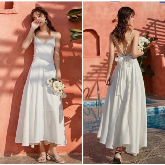 Đầm trắng maxi hai dây nơ lưng siêu sexy siêu sang chảnh