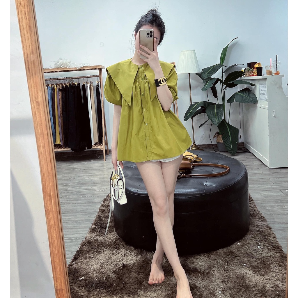 Áo sơ mi kiểu tay bồng cổ bèo vạt nhọn chất thô lụa hàng thiết kế phối với quần,chân váy đều xinh ạ | BigBuy360 - bigbuy360.vn