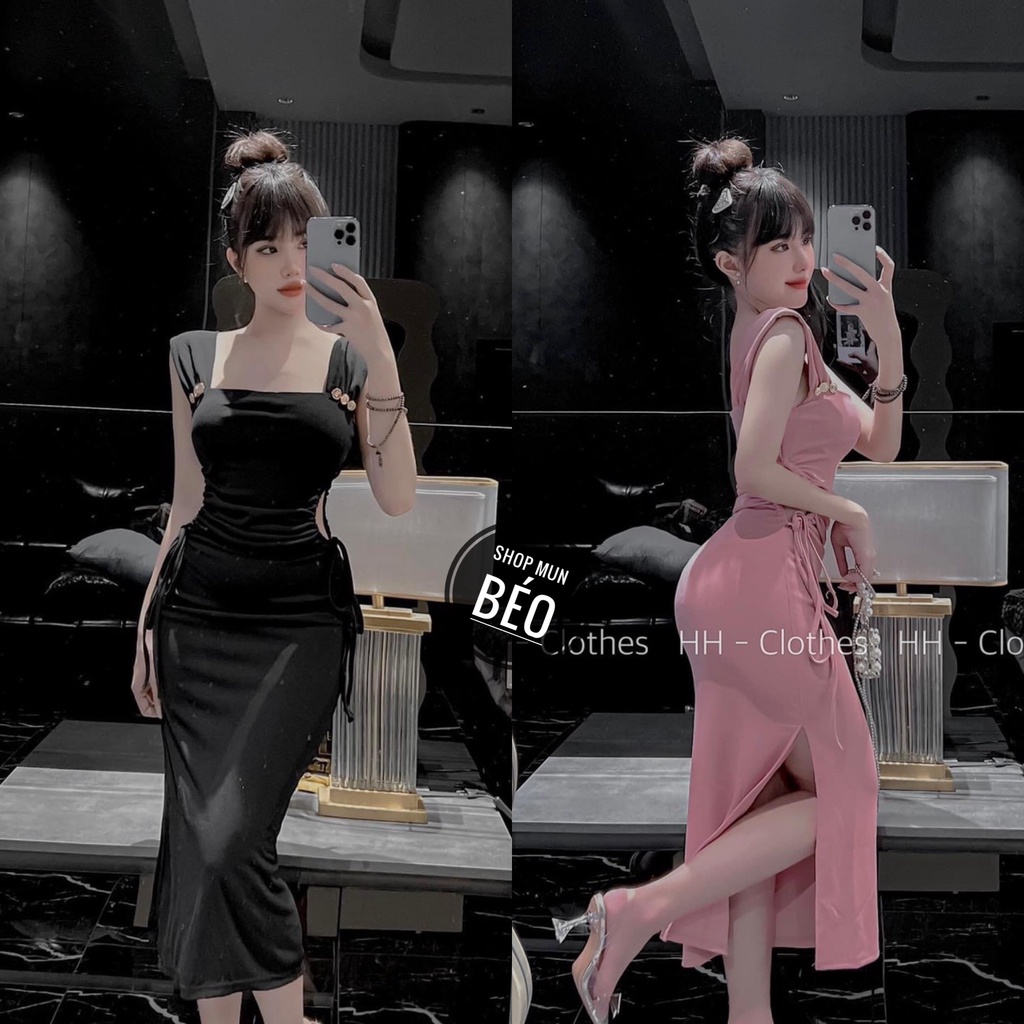 Đầm Body Dây To Đính Cúc Eo Rút Dây Xẻ Tà Chất Thun Gân Thích Hợp Mặc Đi Tiệc Đi Làm Đi Chơi