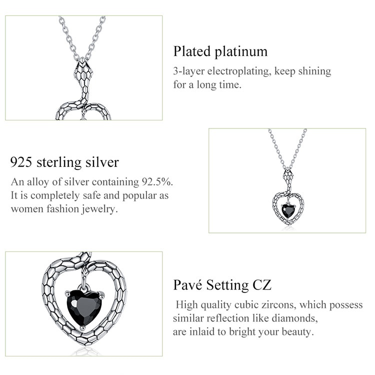 Dây chuyền BAMOER BSN233 bạc 925 mặt hình rắn đính trái tim đá quý màu đen dài 45cm có thể điều chỉnh cho nữ