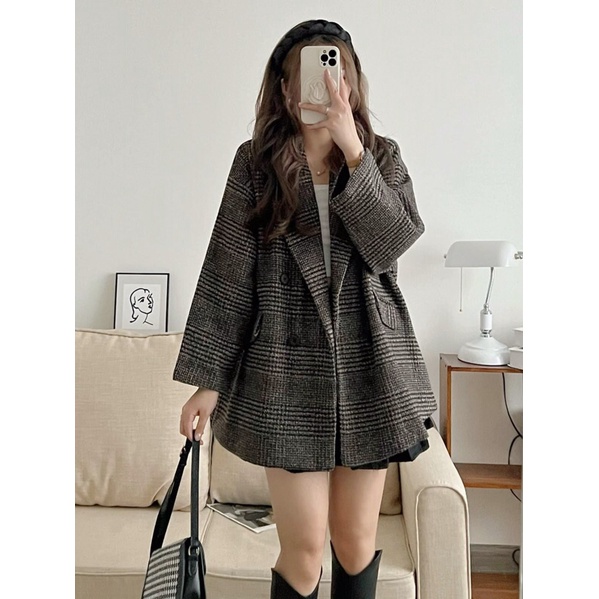 Áo khoác dạ kẻ ullzang dày dặn 2 lớp - Áo khoác dạ kẻ dáng lỡ phong cách Hàn Quốc