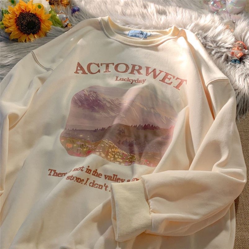 Áo thun ZHELIHANGFEI tay dài dáng rộng theo phong cách retro mỹ dễ phối đồ