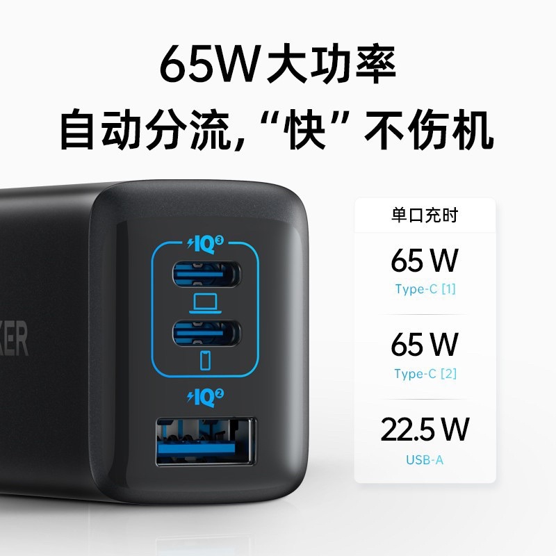 Bộ sạc nhanh Anker PowerPort 335 3-Port 65w kèm cáp C to C 1m B2330 hỗ trợ PD/PPS/QC