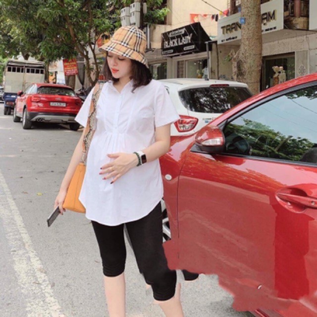 Áo sơ mi bầu cộc tay Xuân hè chất đẹp + quần ngố chất đẹp uni Hàn không phải cotton co giãn 4 chiều mát, mềm, mịn