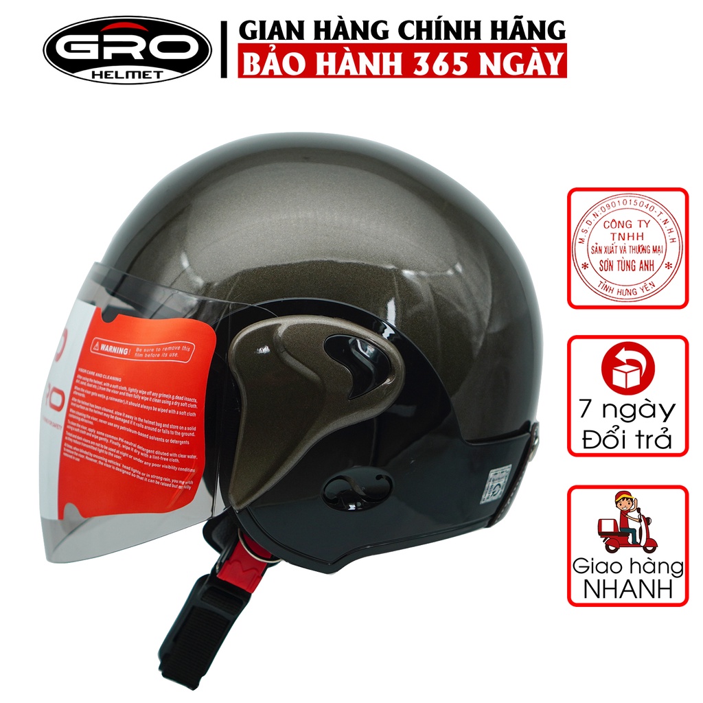 Mũ bảo hiểm cả đầu Gro T318 V1 có kính dài, nhựa ABS bền đẹp, khóa kim loại chắc chắn, mút xốp dày dặn - nâu bóng ốp đen