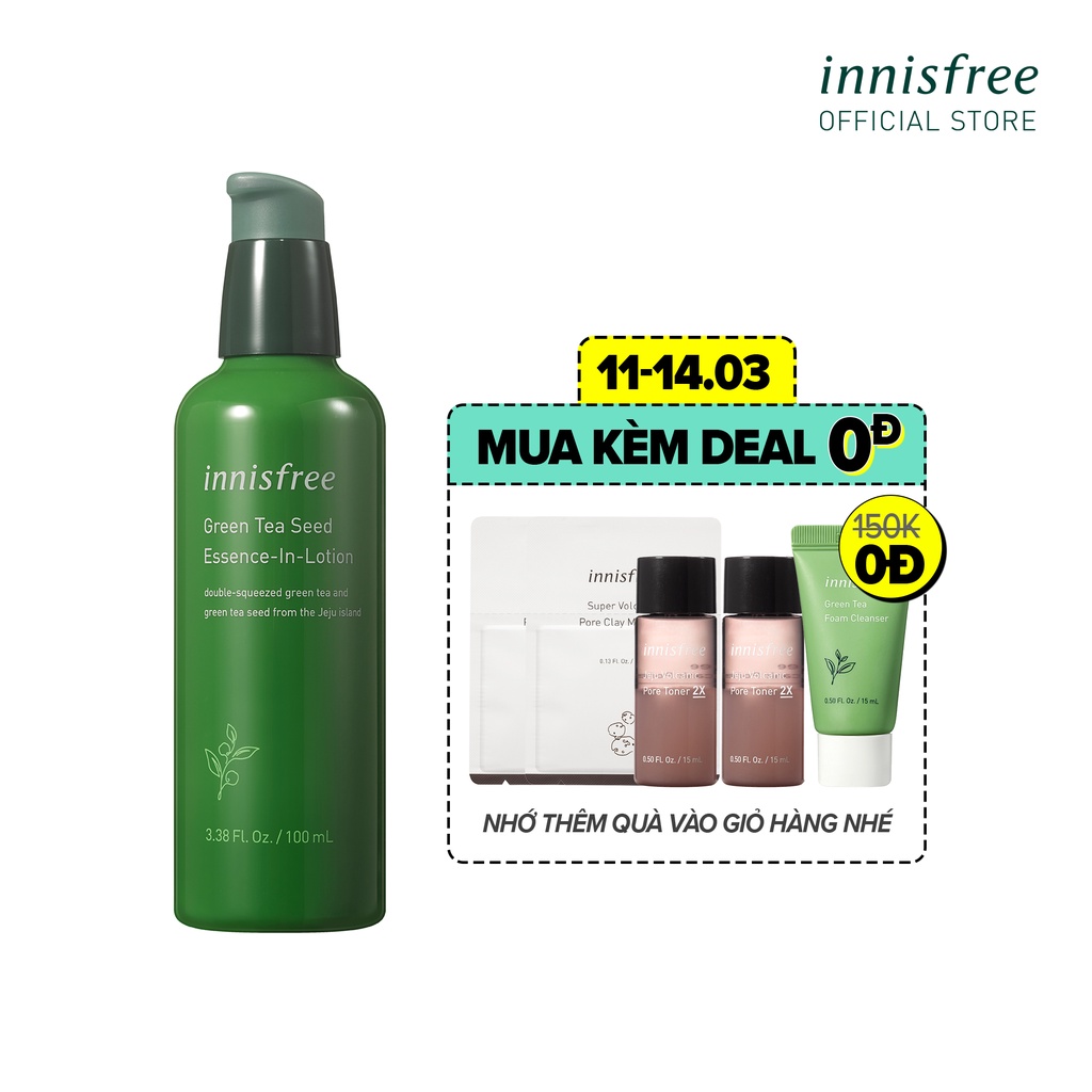 [Mã COSIF03 giảm 10% đơn 400K] Sữa dưỡng ẩm kết hợp tinh chất trà xanh innisfree Green Tea Seed Essence In Lotion 100ml