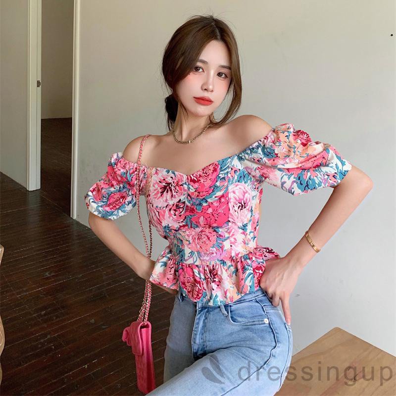 Áo kiểu tay phồng cổ vuông hở lưng in họa tiết hoa thời trang dành cho nữ