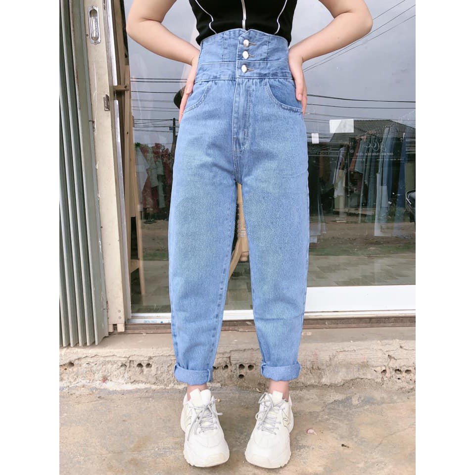 [ TM202 ] QUẦN BAGGY JEAN NỮ LƯNG CAO 3 NÚT VẠT CHÉO SAU MÀU XANH LAI CUỐN CAO CẤP UTI ĐỦ SIZE S, M, L FORM SIÊU CHUẨN