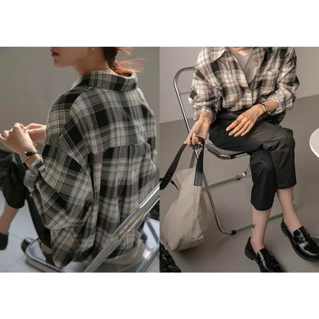 [ẢNH THẬT/VIDEO] Áo sơ mi nữ đi học form rộng kẻ caro túi ngực dài tay 2 màu sơ mi Caro Đen/Xanh - sơ mi nữ Form Rộng