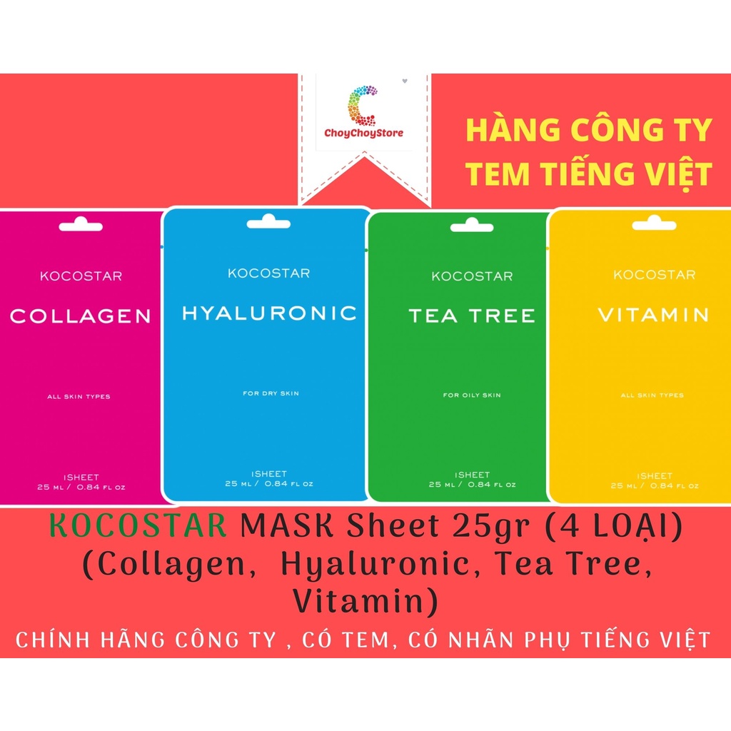 Mặt nạ KOCOSTAR MASK Sheet 25gr (4 LOẠI) (Collagen, Hyaluronic, Tea Tree, Vitamin)