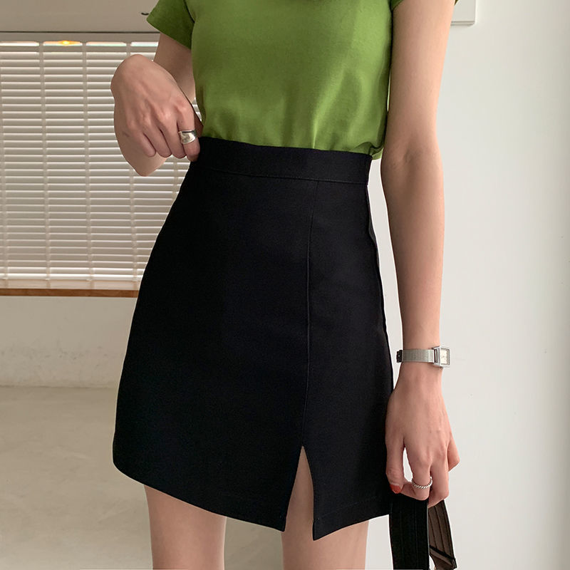 2021 summer new high-waisted short skirt, anti-glare A-line skirt, black and thin, large size split half-length hip skirt | BigBuy360 - bigbuy360.vn