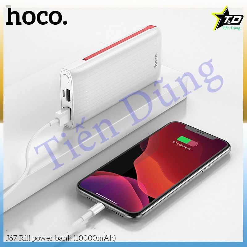 Pin sạc dự phòng Hoco J67 dung lượng 10.000mAh có 2 dây sạc kèm theo chân cắm lightnigh và type-C 2 cổng usb