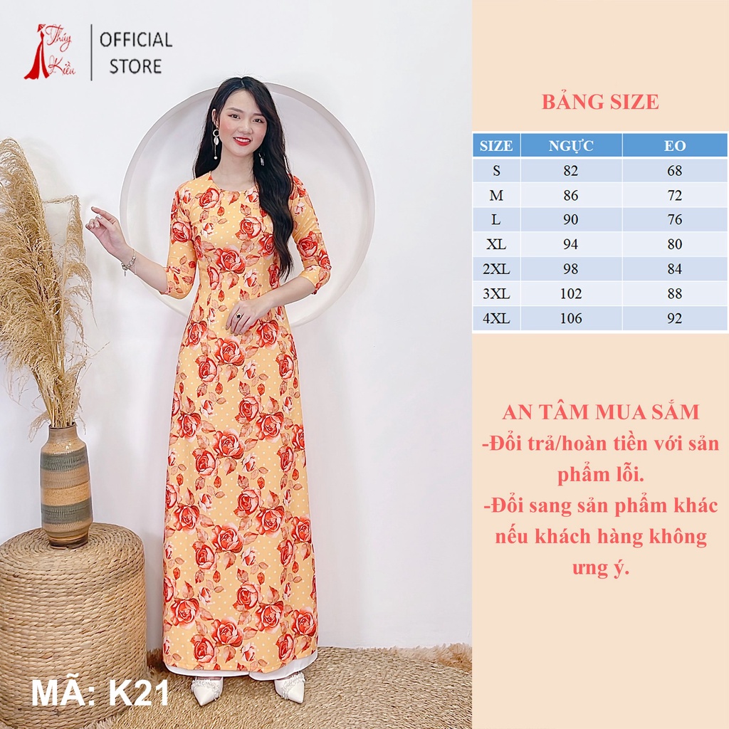 Áo dài truyền thống thiết kế may sẵn tết cách tân nữ nền cam hoa K21 Thúy Kiều mềm mại co giãn áo dài giá rẻ