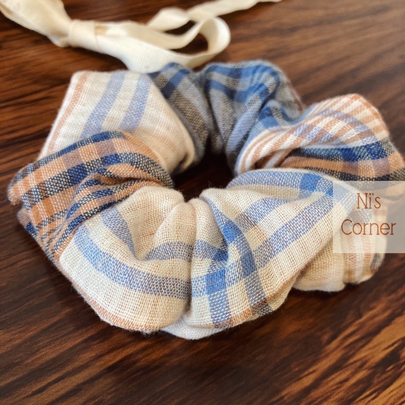 Scrunchie cột tóc vải Cotton Mềm Hoạ tiết Caro Vintage