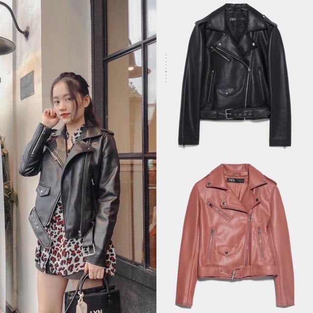 Áo da biker kèm belt zara