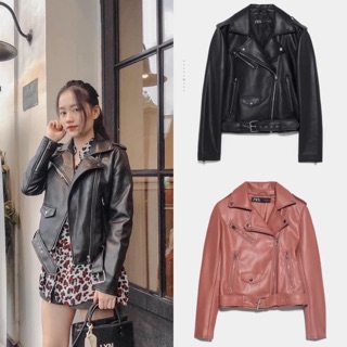 Áo da biker kèm belt zara