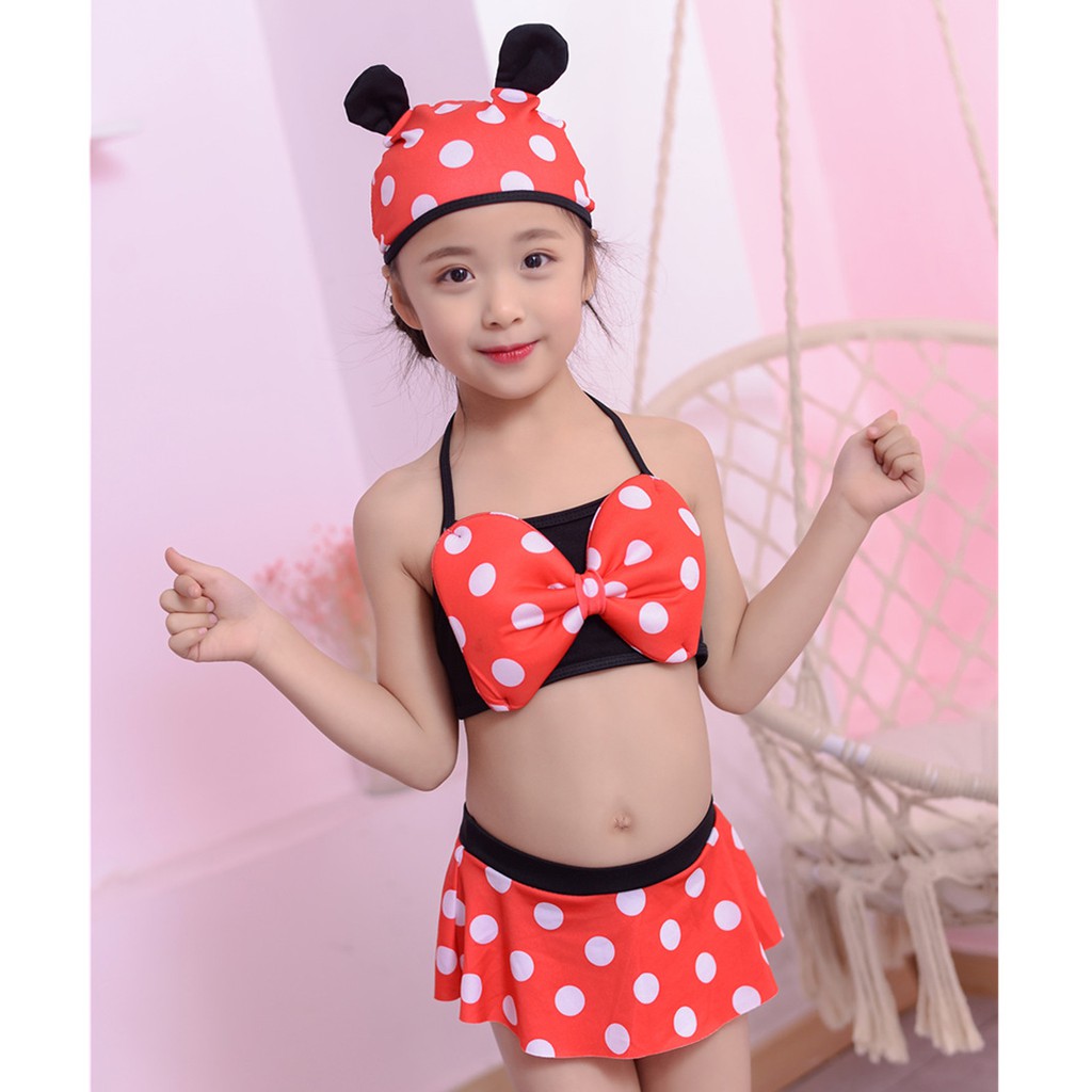 Đồ bơi cho bé FUHA, bộ bikini họa tiết hình chấm bi 3 chi tiết đáng yêu dành cho bé gái