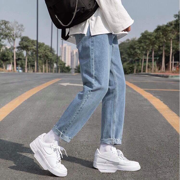 Quần jeans baggy xanh ống rộng nam nữ , dáng suông , không phai màu , rách gấu phong cách Hàn Quốc - RG