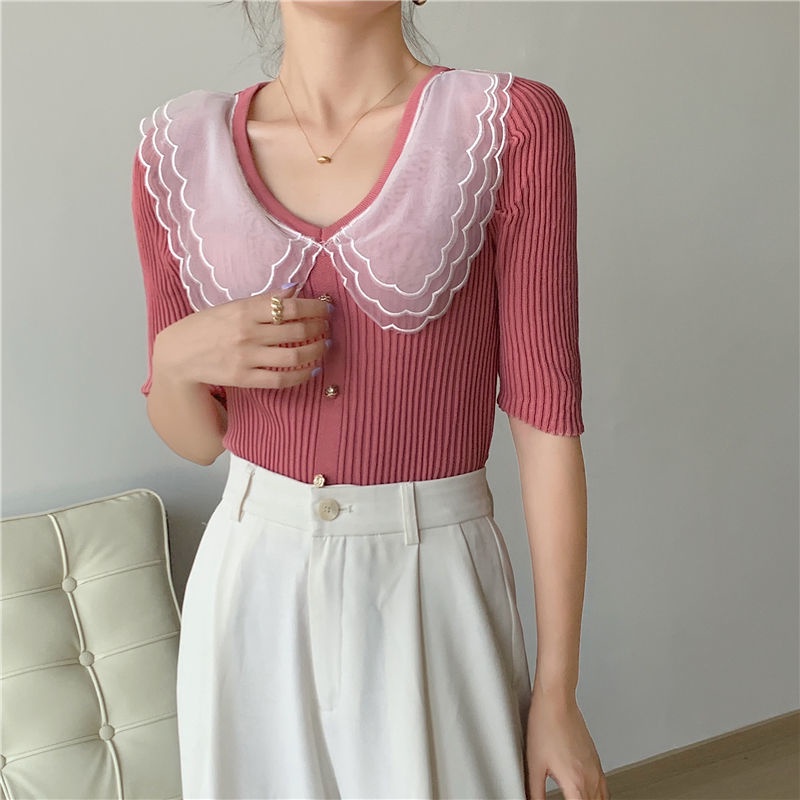 Áo Len Tay Ngắn Cổ Búp Bê Phong Cách Hàn Quốc Dành Cho Nữ