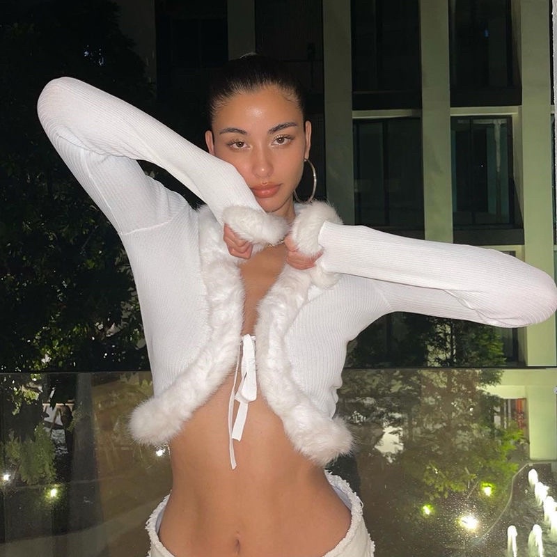 Áo khoác croptop vải thun gân viền lông hàng taobao