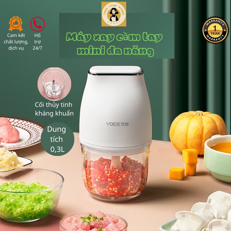 Máy xay tỏi ớt thịt mini Máy xay ăn dặm cho bé đa năng cối thủy tinh kháng khuẩn 0,3L Bảo hành 12 Tháng