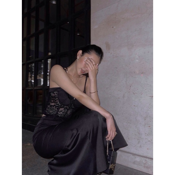 Set áo ren nhún ngực 2 dây + chân váy xoè