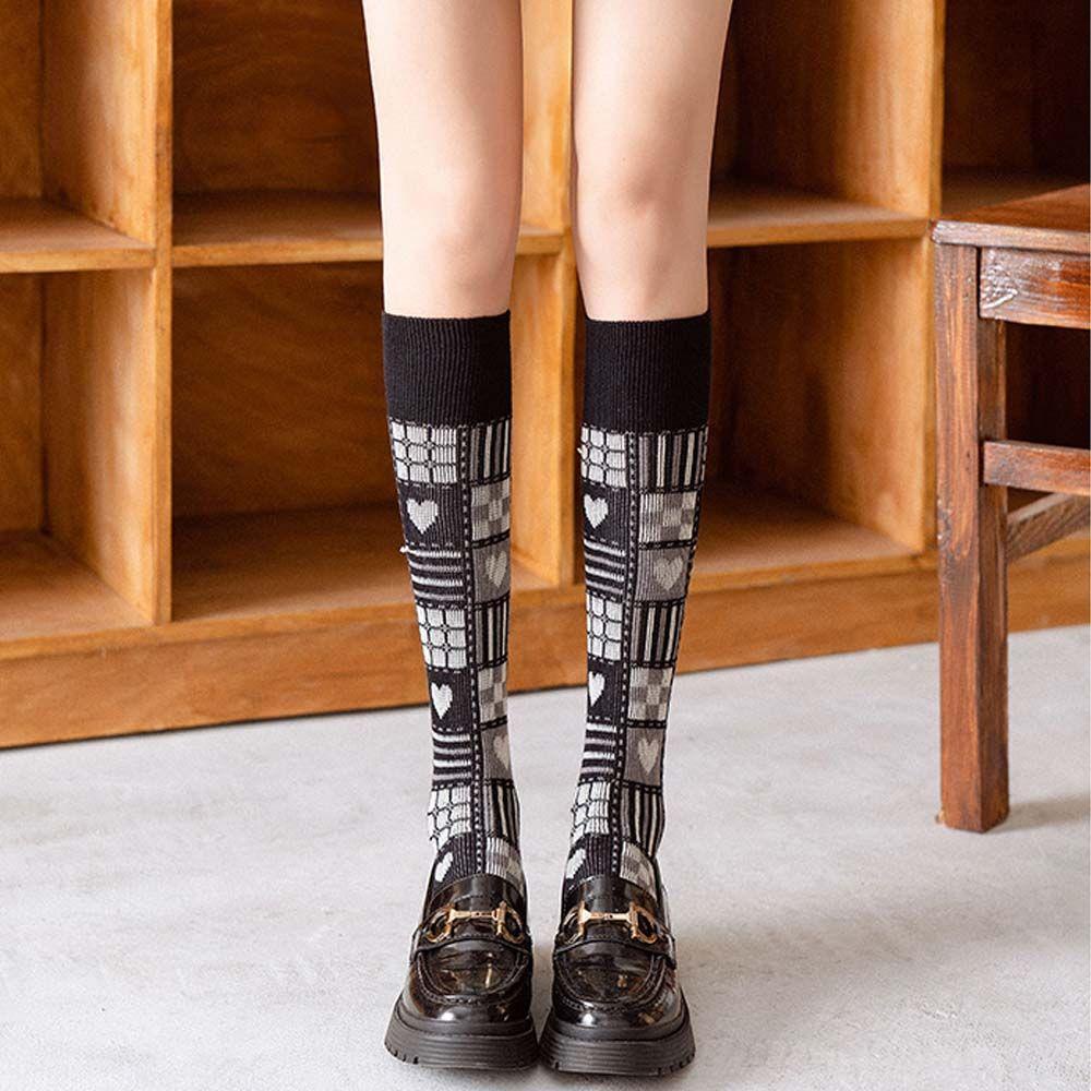Tất Bắp Chân Cotton In Họa Tiết Caro Harajuku 1 Cho Nữ