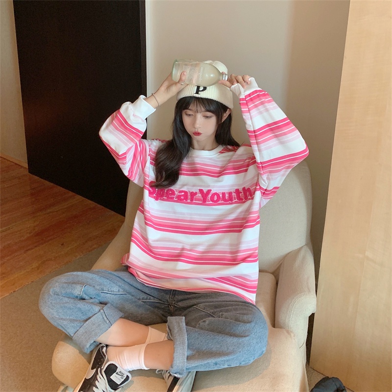 【ZHELIHANGFEI】Áo Thun Tay Dài Họa Tiết Sọc Theo Phong Cách Preppy Dễ Phối Đồ