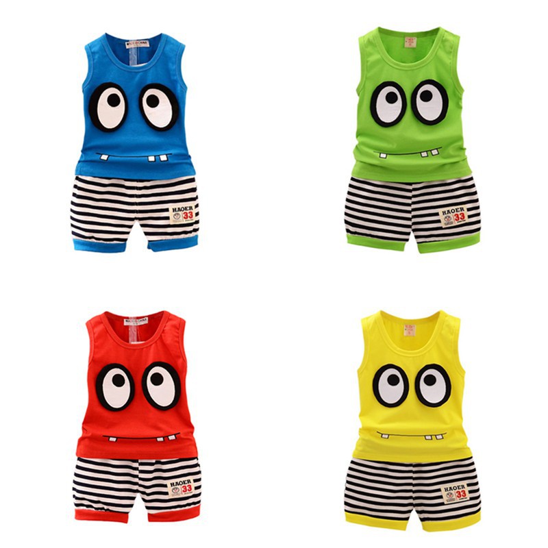 Bộ áo cotton sát nách + quần ngắn kẻ sọc cho bé