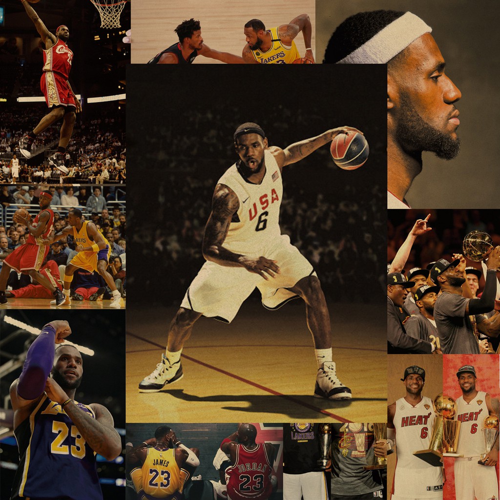 Poster Bóng Rổ NBA Hình Cầu Thủ Bóng Rổ Lebron James Chất Liệu Giấy Kraft Cổ Điển Kích Thước 52*36 cm