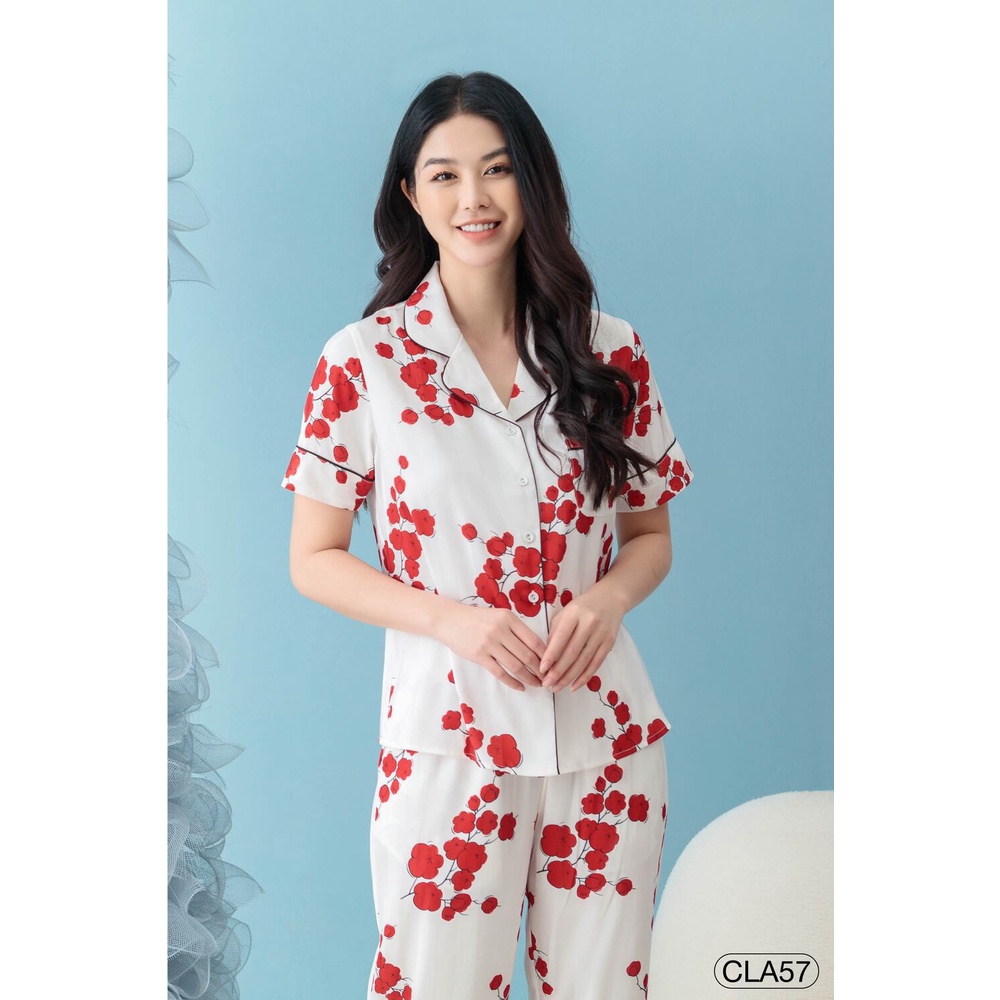 Bộ Pyjama satin ZAM Luxury - CLA57 - áo ngắn tay quần dài hoạ tiết