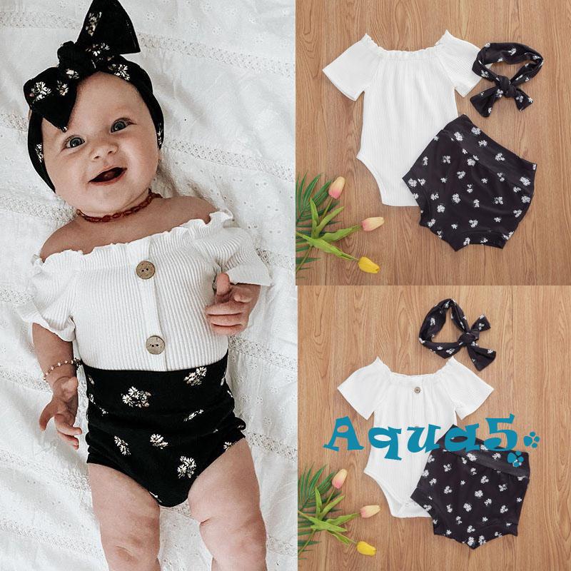 Set Áo Trễ Vai + Quần Short + Băng Đô In Hoa Dễ Thương Cho Bé Gái