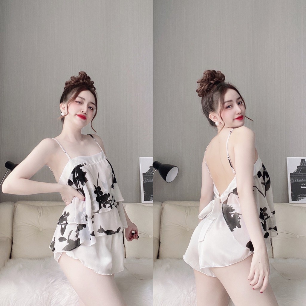Bộ ngủ Sexy Bộ Đồ Ngủ 2 Dây Quần Satin Phối Áo Chiffon Mềm Mại Thoải Mái Freesize <65kg | BigBuy360 - bigbuy360.vn