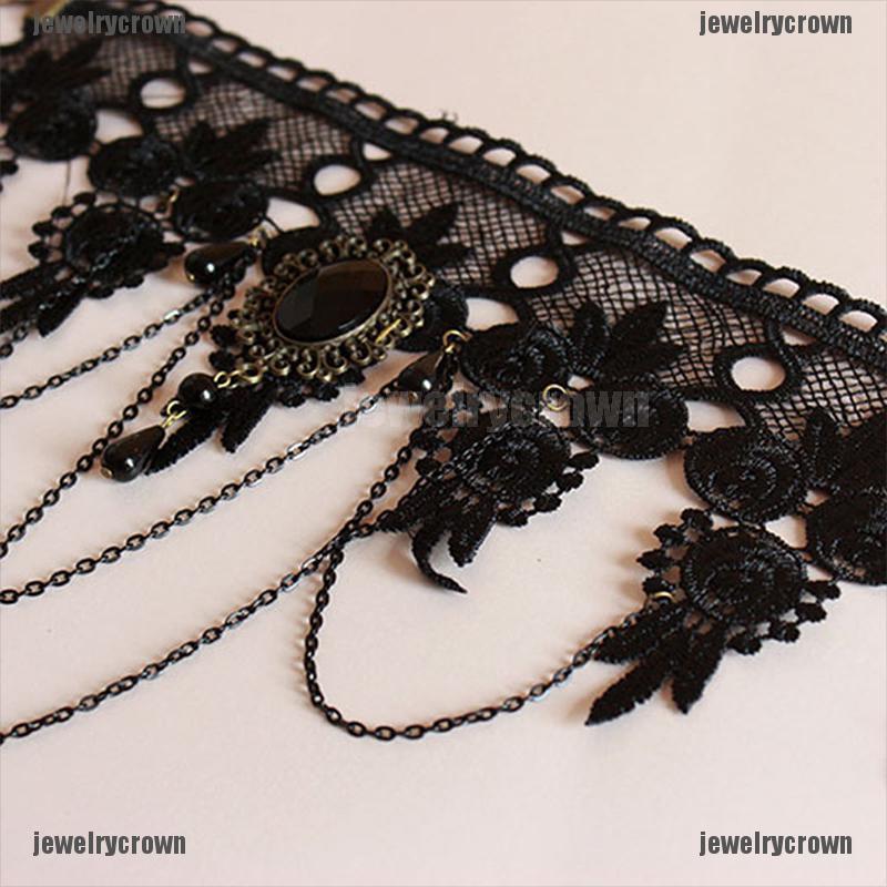 [Crown] Women Black Lace Flower Chain Tassel Choker Collar Necklace Gothic Punk Jewelry