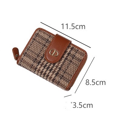 KAITIFEI Ví vải canvas nữ nhiều ngăn bỏ túi da mini cầm tay gập đựng tiền/ thẻ họa tiết răng cưa phối dây kéo