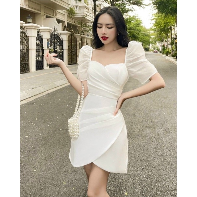 ĐẦM CHÉO NGỰC XẾP LY TAY TƠ TRẮNG
