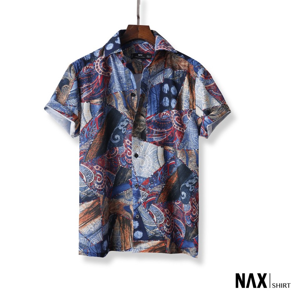 Áo sơ mi họa tiết nam tay ngắn NAXSHI071, form rộng, chất lụa Ý