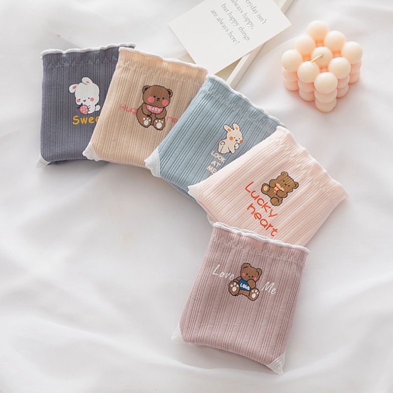 Quần Lót Nữ ❤️ Quần Cotton Nữ Phối Viền Họa Tiết Hình Thỏ và Gấu 485 nội y xanh hàng đẹp thấm hút mồ hôi