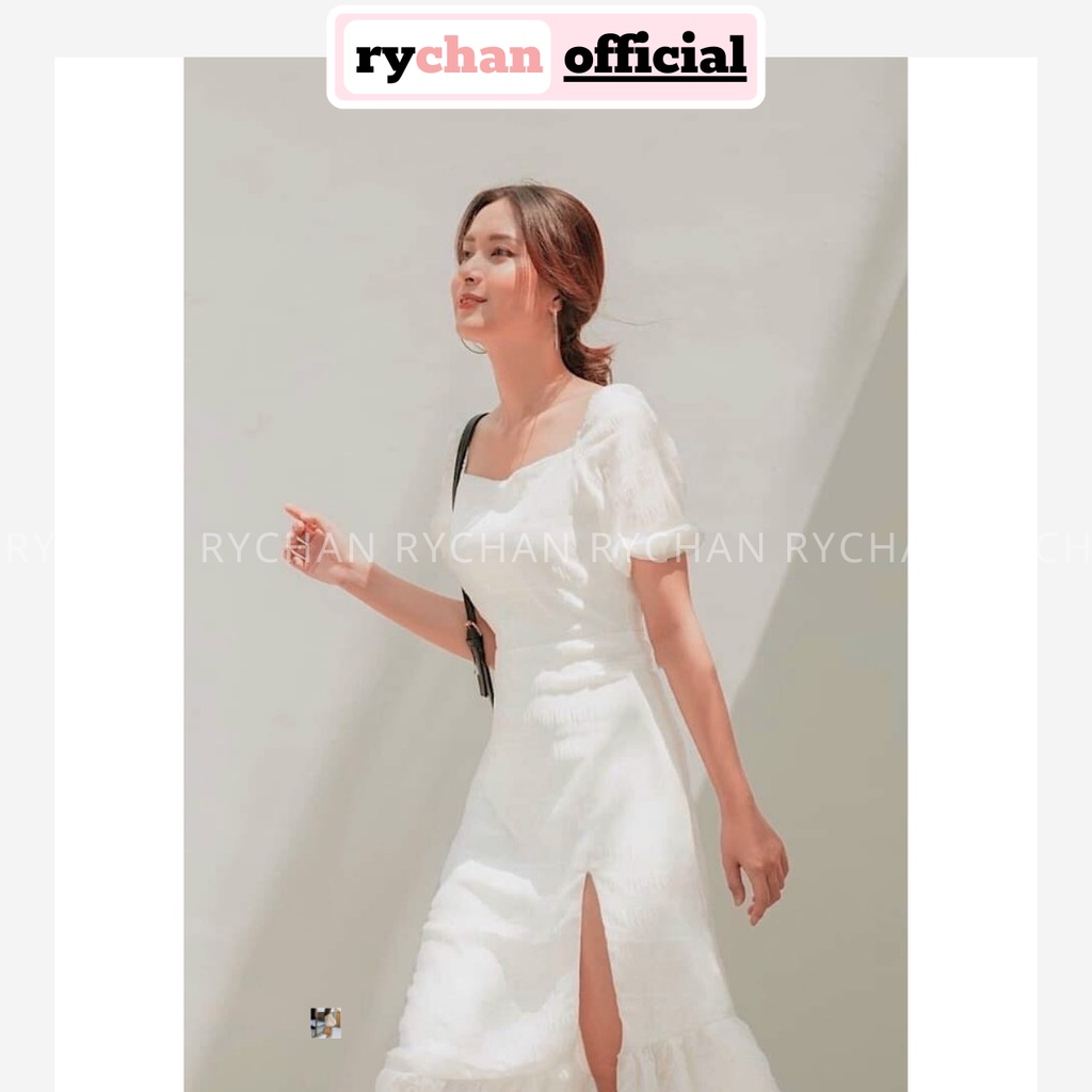 Đầm Xòe Midi Trắng Tay Phồng Xẻ Tà Viền Bèo Lót Trong Dày Dặn [Ảnh Thật Cuối] - DX9978