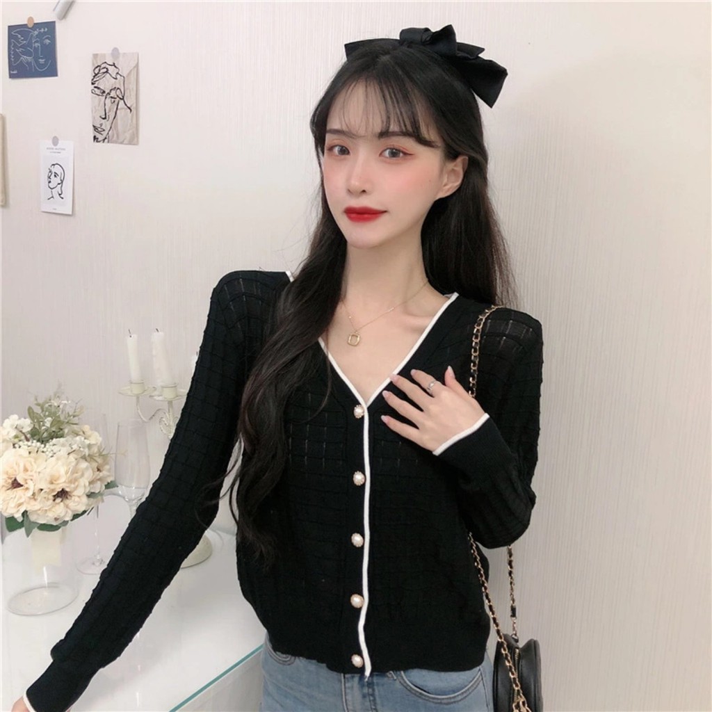 CHIKITO | Áo Len Cardigan Tay Dài Cổ V - Áo Kiểu Khoác Croptop Quảng Châu 2 Màu Trắng - Đen Kiểu Dáng Ulzzang