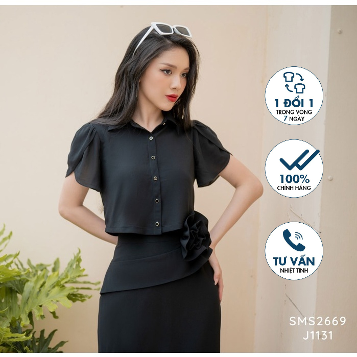 [ MÃ EMSALE giảm 10% tối đa 30K cho đơn 99K] Áo sơ mi cổ đức, dáng ngắn, tay sen Emspo SMS2669