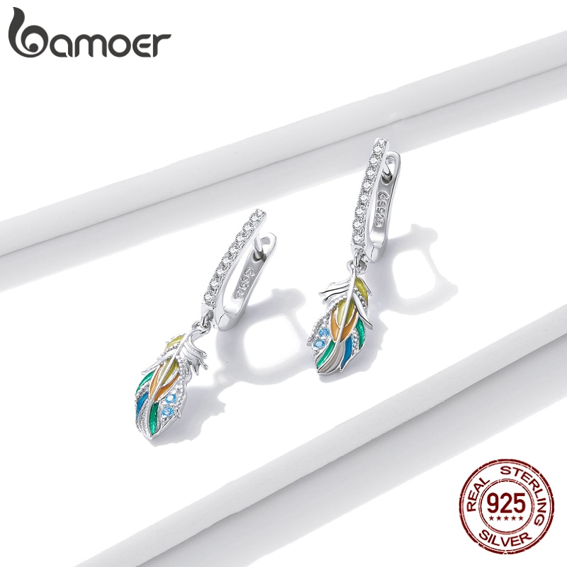 Đôi Bông Tai Bamoer BSE485 Bằng Bạc S925 Hình Lông Vũ Nhiều Màu Sắc Độc Đáo Thời Trang 2021 Cho Nữ