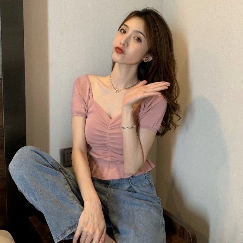 Áo Dệt Kim Ngắn Tay Cổ Vuông Trễ Vai Phong Cách Pháp Cho Nữ