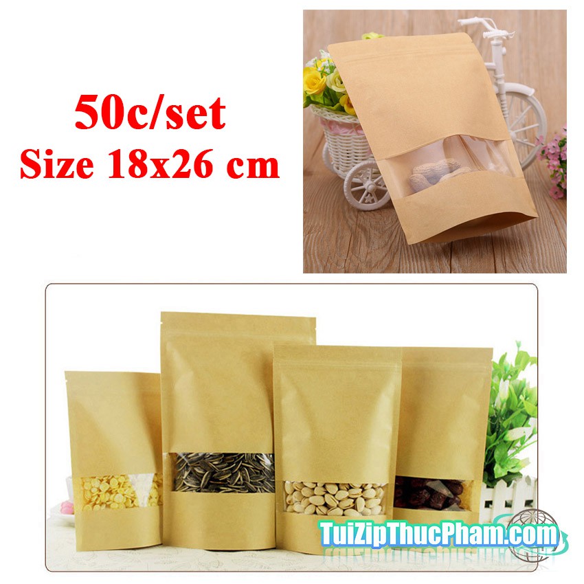 50 cái túi zip MIS size 18x26 cm đựng 500g bột mịn, túi zipper giấy kraft vàng có cửa sổ, túi zipper đựng thực phẩm