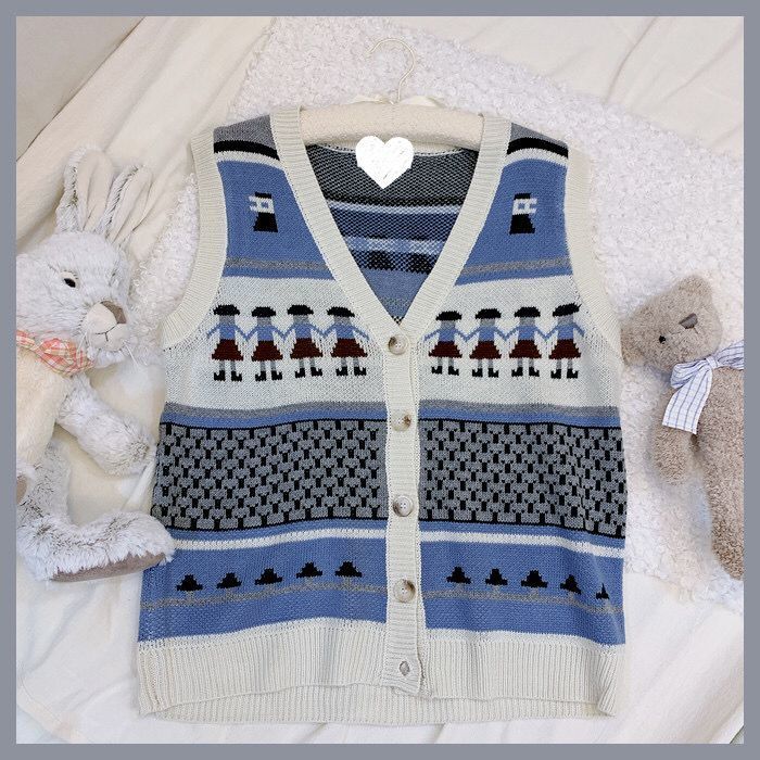 Áo khoác ghi lê dệt kim cổ V dáng rộng hình người tuyết thời trang